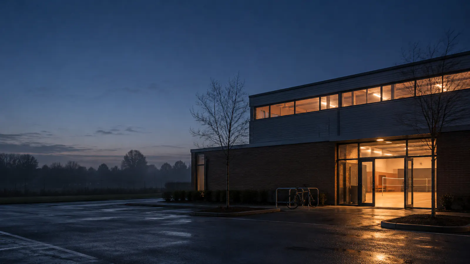 Leisure centre at dusk with warm light glowing from its windows