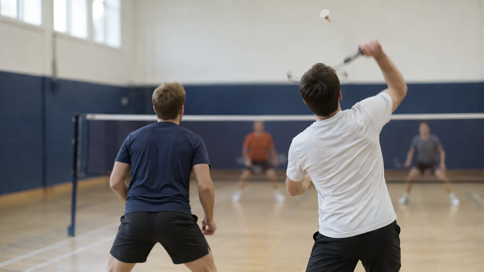 Two doubles players seen from behind mid-rally, one reaching overhead